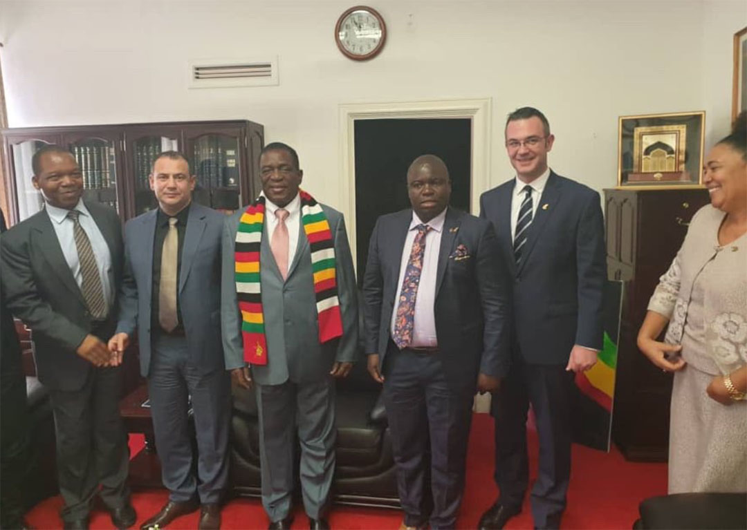 Mnangagwa seen meeting Drax Consult SAGL’s Ilir Dedja (second from left) and Dilish Nguwaya (third from right) at his office in Harare. Far left is Reserve Bank of Zimbabwe governor John Mangudya