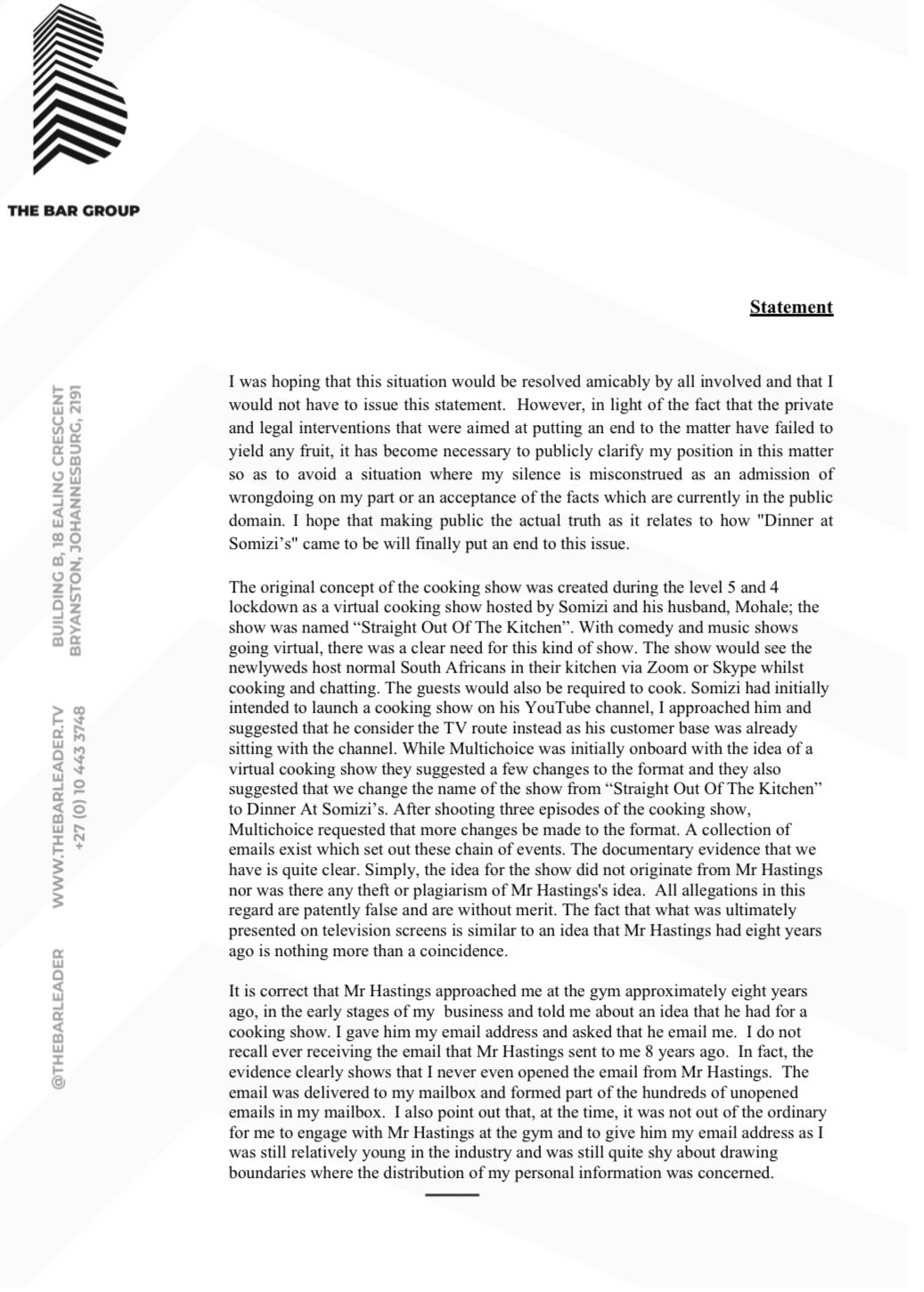 Dinner with Somizi reportedly sued