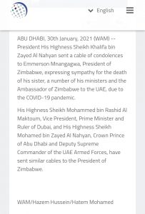 UAE Rulers condole with President Mnangagwa on death of his ministers, ambassador and sister