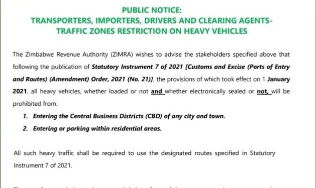 ZIMRA bans heavy vehicles from entering CBDs