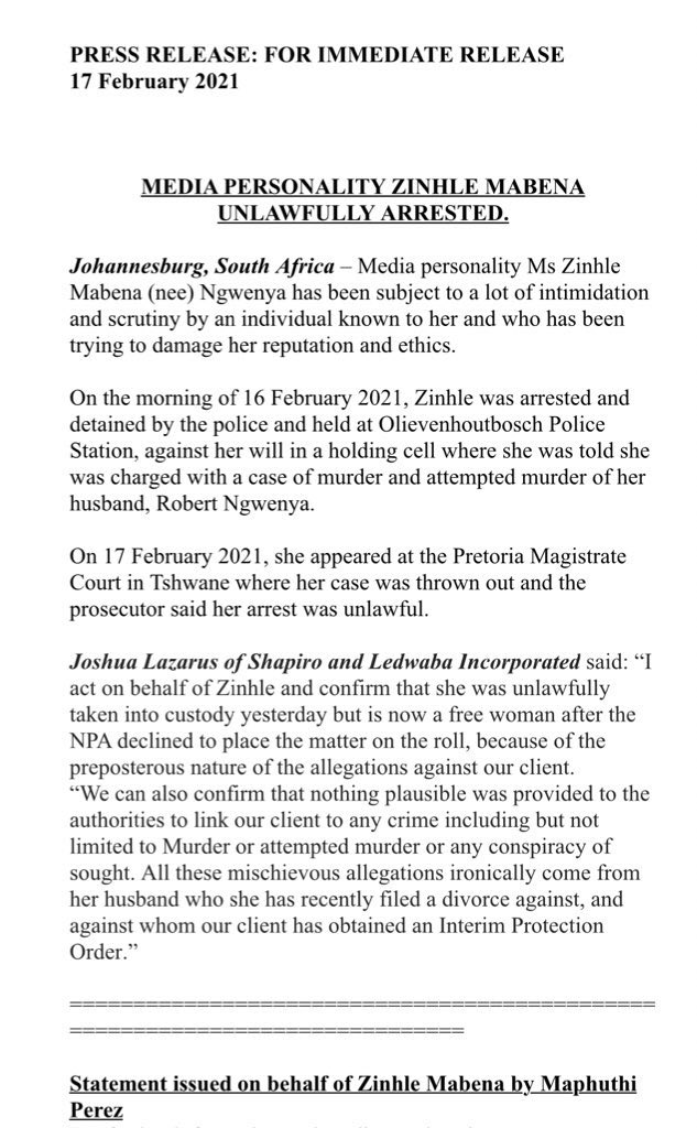  UPDATE: Zinhle Mabena "unlawfully arrested" for husband's attempted murder