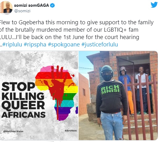 Somizi Mhlongo visits LGBTQI victim Lulu Ntuthela family