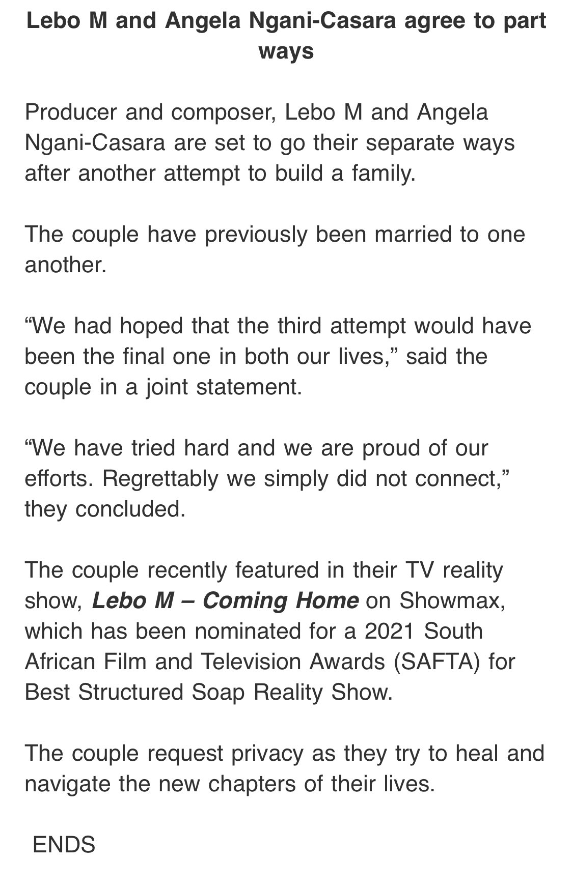 Lebo M and wife Angela part ways again