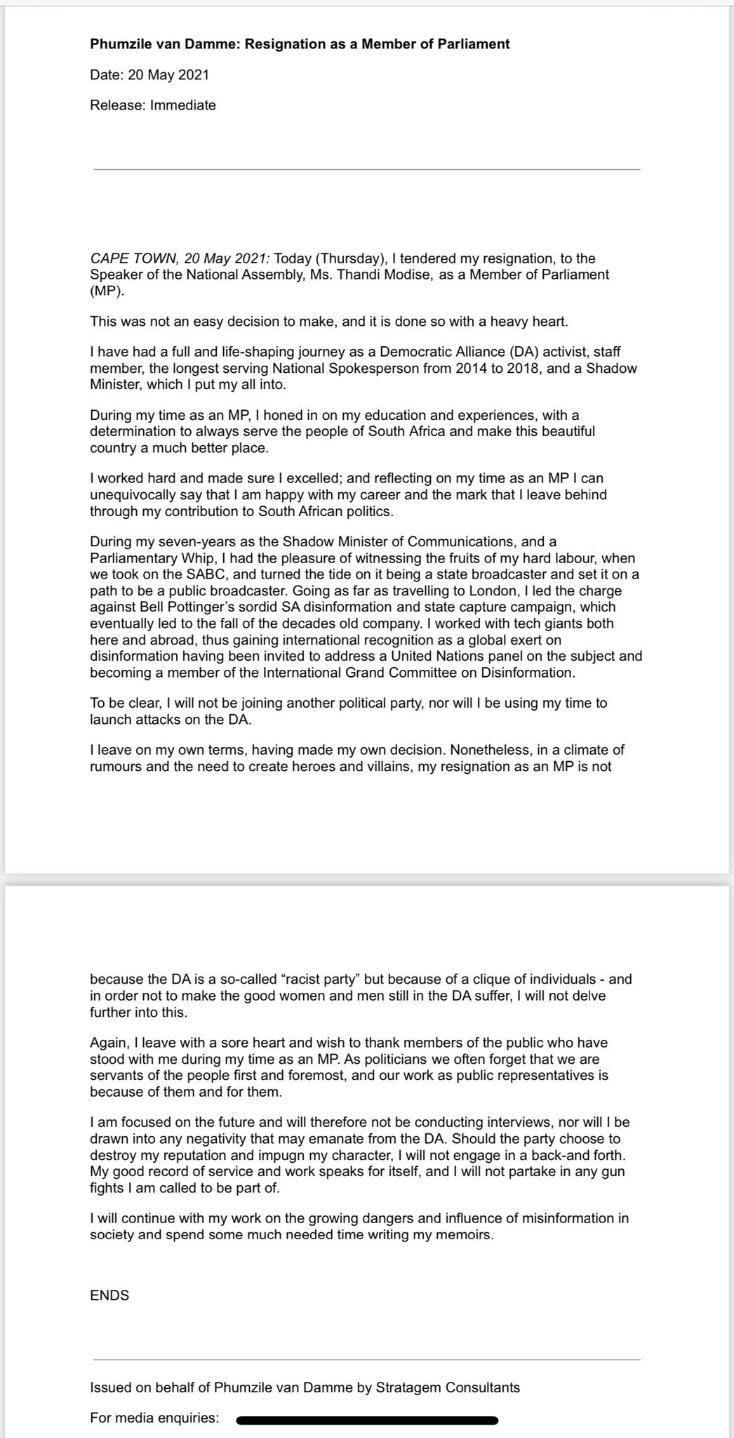 ‘I no longer have to carry a monkey on my back,’ Former DA MP Phumzile Van Damme breathes a sigh of relief