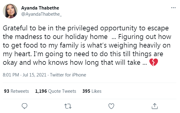 Mzansi Tweeps blasts Ayanda Thabethe for saying she is happy to escape South Africa during this period