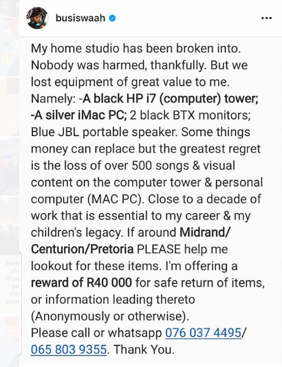 Robbers break into Busiswa’s home and steal computer with more than 500 songs