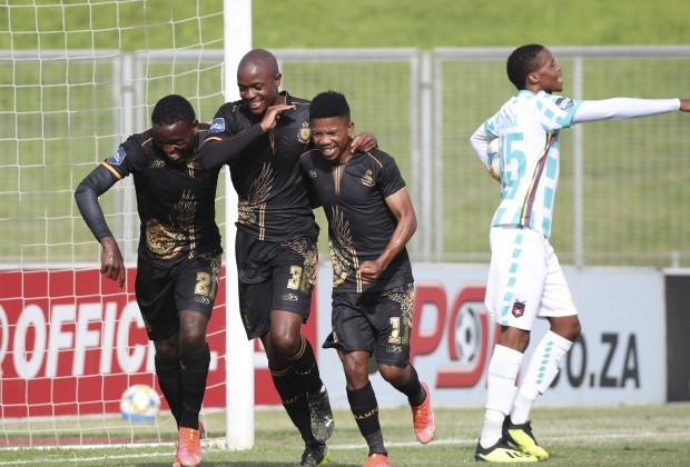 Royal AM players celebrate after scoring against Maritzburg United