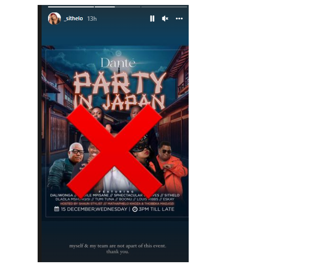 Sithelo appeared to cancel Andile Mpisane's Party in Japan show