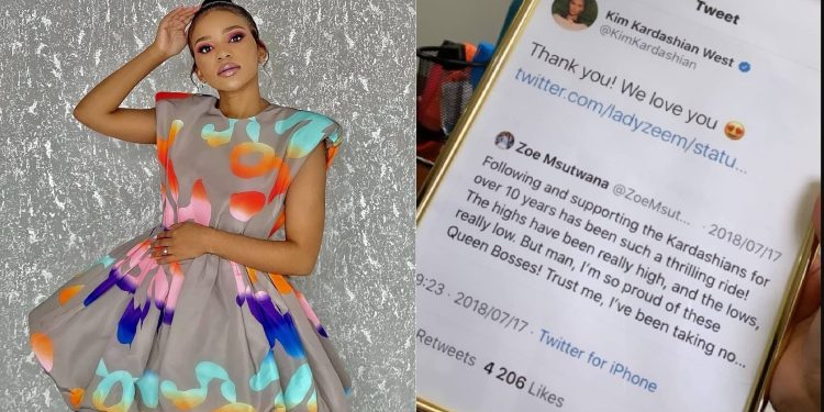 Mzansi reacts as Zoe Msutwana frames a tweet she received from Kim Kardashian