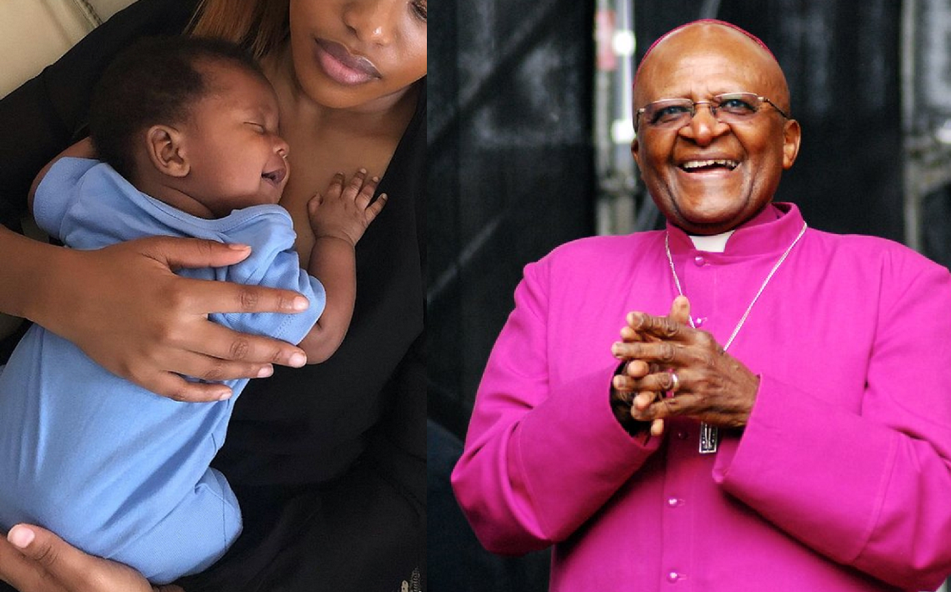Blood and Water actress Natasha Thahane and her baby and the late Desmond Tutu - Source: Instagram