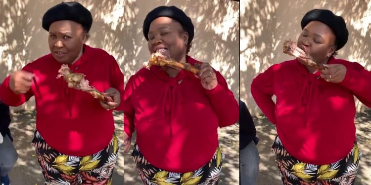 The Queen actress 'Sis Patty' Thembsie Matu almost falls to the ground with a big meat bone in her mouth