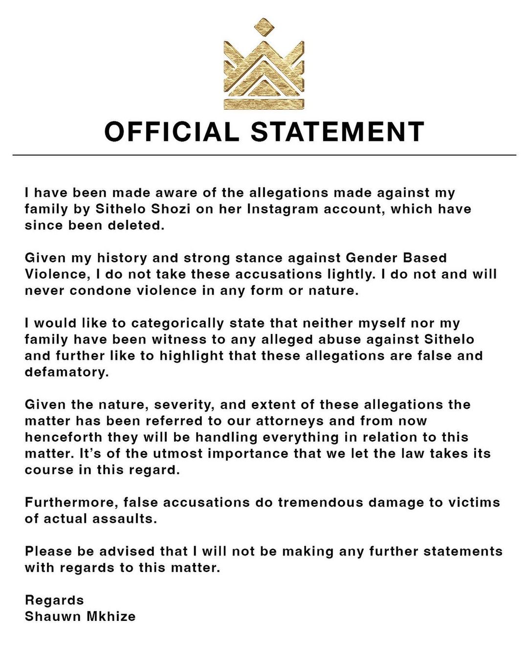 Shauwn Mkhize's statement about Sithelo's allegations. 