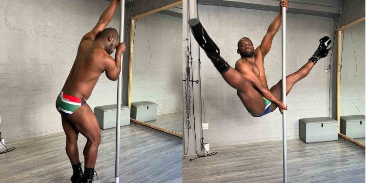 Siv Ngesi shows off his pole dancing skills below