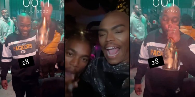 Somizi celebrates The River actor 'Mabutho' Thembinkosi Mthembu's birthday in a club.