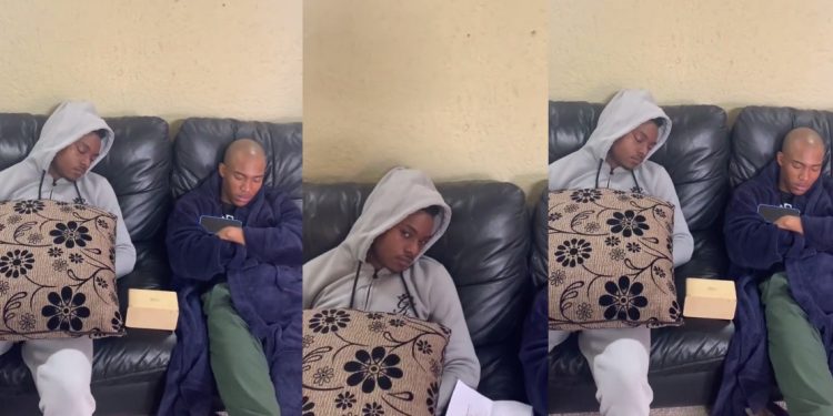 Brutus' sons Cebo 'Ntobeko Mathebula' and Nkosi 'Craig Nobela' sleeping with The Queen scripts in hand.