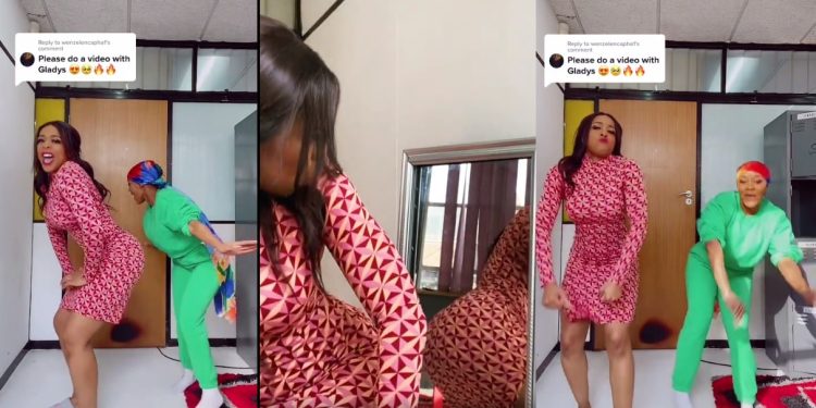 Gomora's Thembi 'Gladys' Seete and Stella 'Tiny' Dlangalala's happy woman's day bum-shaking dance moves.-min