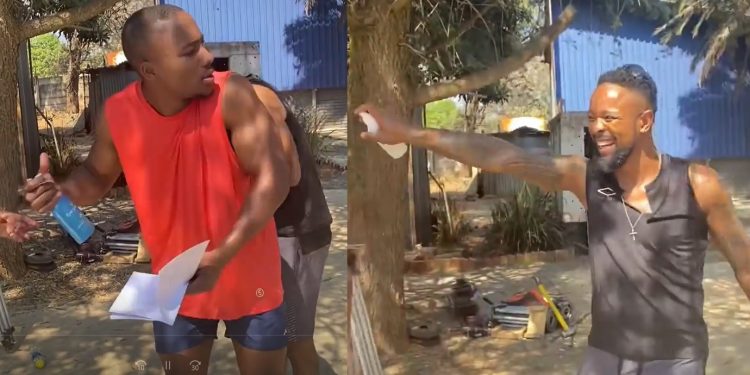 SK Khoza 'Beast' pranks Zamani Mbatha 'Khaya' on The Black Door set
