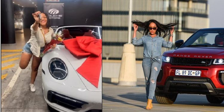 Thando Thabethe with a Land Rover and a Porsche.
