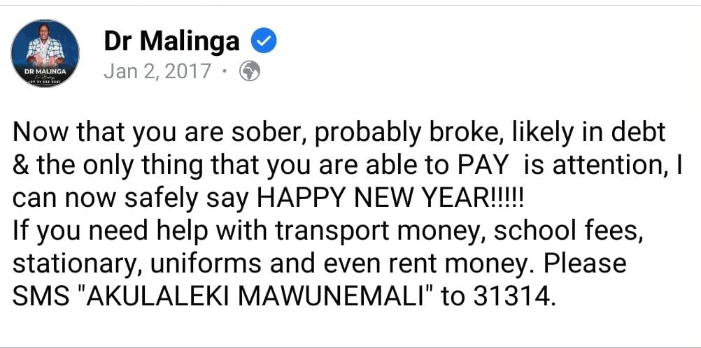 Dr Malinga tweet about broke people